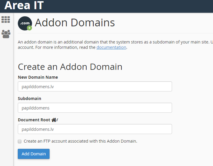 Papildus domēns cPanel 2