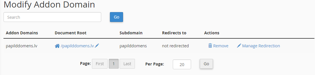 Papildus domēni cPanel