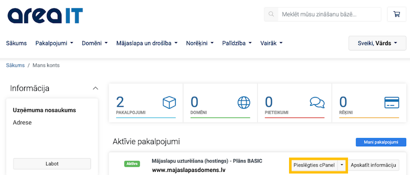 Pieslēgšanās cPanel caur AreaIT klientu portālu