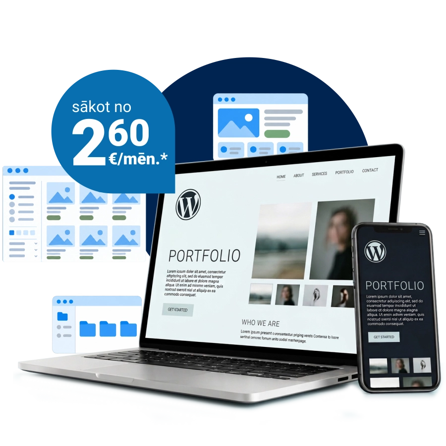 WordPress hostinga pārvaldības panelis ar mājaslapas priekšskatījumu